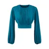 Atacado de Roupas Femininas Transfronteiriças Estilo Europeu e Americano 2025 Outono Inicial Nova Blusa Plissada de Gola Redonda com Manga Morcego Camiseta de Manga Longa