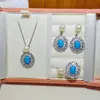 Brincos de Pérola Turquesa Azul, Pingente, Anel, Conjunto de Pérolas Naturais de Água Doce, Novo Estilo Chinês, Estilo Nacional, Design Oco Retrô, Mia