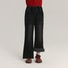 Calça Jeans Grossa com Forro de Fleece Pudding Haru para Crianças 2025 Inverno Nova Versátil Casual Flare para Meninas