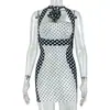 Estilo Europeu e Americano Color-Blocking Preto e Branco Design de Moda Feminina Street Style Saia Bodycon Sexy Gola Halter Emagrecedor Vestido Tendência