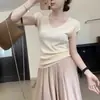 Camiseta de punto de manga corta para mujer, color liso, cuello en U, verano 2026, corte ajustado, suave y versátil, adelgazante, hombro normal, top básico