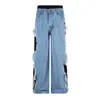 Calça Jeans Masculina Color Block Falsa de Duas Peças Marca Moderna Borda Desfiada Bigodes de Gato Três Listras Design Patchwork Cintura Dupla Perna Reta