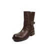 Elegantes Botas Martin de Piel de Vaca Lavada con Hebilla Grande Belleza~Otoño/Invierno 2026 Tacón Grueso Medio Punta Redonda Botines de Piel Genuina para Mujer