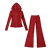 Sudadera con Cremallera de Forro Polar Estilo Americano Chaqueta Ajustada + Pantalones Casuales Acampanados con Cordón de Cintura Alta Conjunto Deportivo