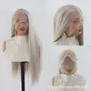 Peluca Retro de Belleza con Encaje Frontal y Flequillo de Tres Puntas, Cabello Largo Recto Plateado-Gris, Peluca de Fibra Sintética de Alta Temperatura a la Moda