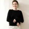 Estilo Suave e Simples~ Suéter de Cashmere para Mulheres com Gola de Bainha Enrolada Sem Costura Gola Redonda Solto Emagrecedor Tricô Suave e Aderente Camada Base de Suéter