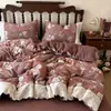 Juego de ropa de cama de doble capa de gasa con encaje francés, mezcla de lino y algodón engrosado para otoño e invierno, con funda nórdica de estilo retro adecuada para todas las estaciones.