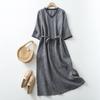 Foto Real de Vestido Casual Sencillo de Algodón y Lino a Cuadros con Cuello en V y Corbata, Adelgazante, para Uso Diario y Oficina, Nuevo Verano 2025 en Stock