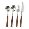 Madeira Maciça Retro Madeira Maciça Noz Talheres Bife Comida Ocidental Faca, Garfo e Colher Conjunto de 4 Peças Aço Inoxidável 304 Escovado Colher de Sobremesa
