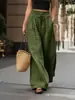 Pantalones anchos de lino con cintura elástica y cordón, estilo vacacional suelto, de pierna ancha, para mujer, largos hasta el suelo, casuales, con bolsillos laterales