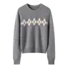 Suéter de punto de lana pura para mujer, nueva colección otoño e invierno, patrón de rombos de moda, cuello redondo, suéter casual con bloques de color, moderno y cálido
