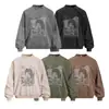 Sudadera con capucha Flor Frita Lavada para Hombre Estilo Retro Street Trend Estampado de Retrato Persona Sudadera con Cuello Redondo Desgastada Primavera y Otoño Holgada Casual