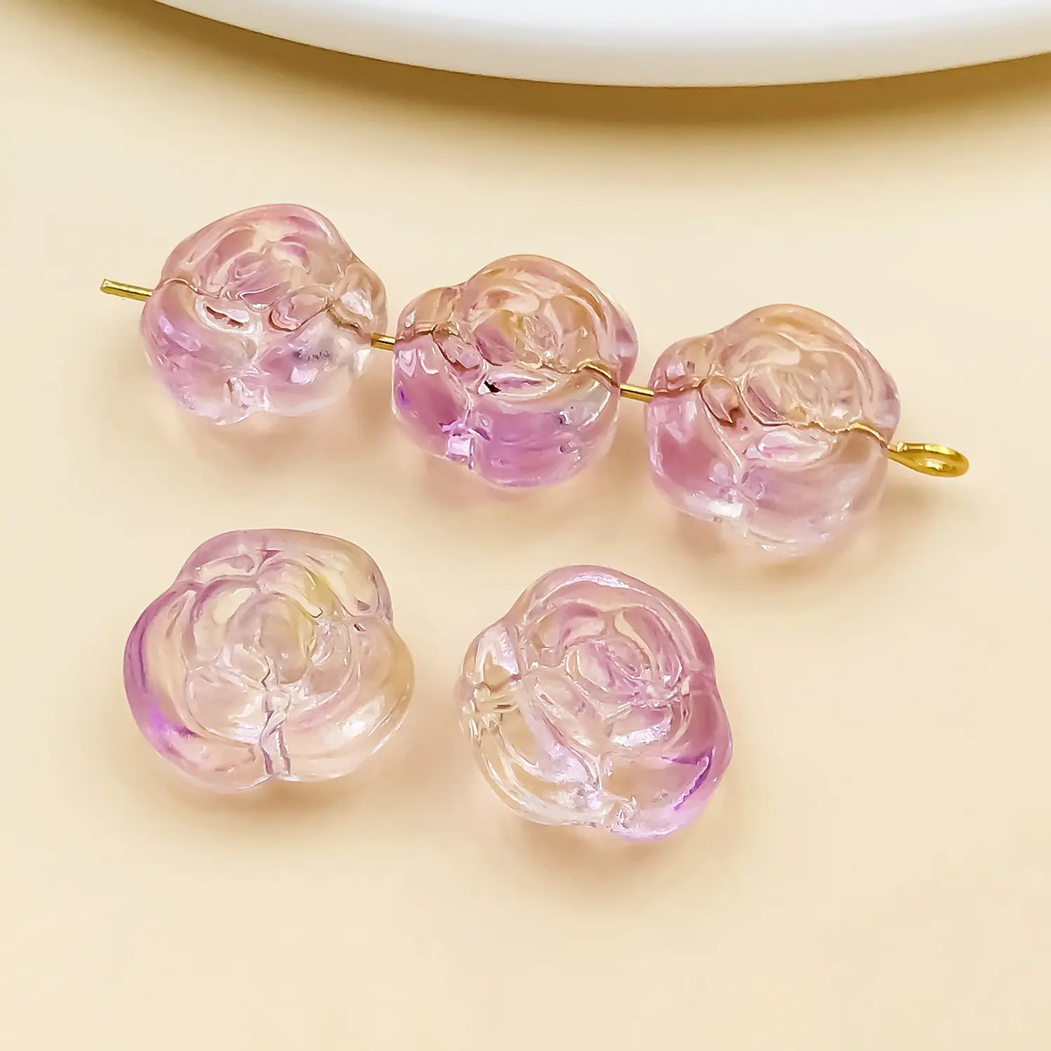 25771-XBH-透明紫黄色渐变琉璃直穿玫瑰花山茶花14x