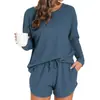 Conjunto de Pijama de Punto Waffle para Mujer Top de Manga Larga y Shorts a Juego Traje Casual Se Puede Usar Afuera Ropa de Casa