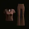 Conjunto de yoga sin costuras cuello en U ajustado transpirable manga corta deportivo Pilates pantalones acampanados para mujer
