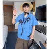 Camisa Masculina de Manga Curta Estampada Azul com Gola Cubana Estilo Verão Praia Férias Top Casual Solto