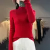Suéter de punto sin costuras de una sola pieza 100% lana con cuello semialto acanalado, suéter de manga larga de color liso para mujer, camiseta base de punto