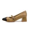 Sapatos Mary Jane Cor de Caramelo Estilo Chanel para Mulheres, Bico Quadrado, Salto Grosso, Tira Única, Color Block, Adequados para o Trabalho, Sola Macia, Não Abrasivos