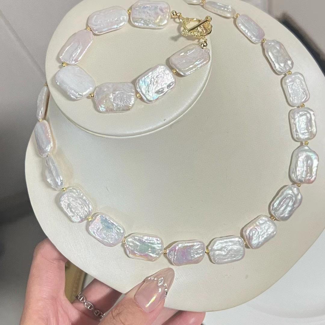 方块巴洛克两件套装天然强光方巴洛克淡水珍珠14k注