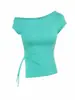 Top Corto de Manga Corta Off-Shoulder con Fruncido Ajustado para Mujer, Diseño con Cordón de Pedrería, Estilo Coreano Y2K Transfronterizo