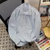 Camisa Masculina de Manga Longa Listrada Bainha Elástica Design Cleanfit Solta Lapela Primavera Outono Camisa Casual para Camadas