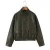 ZR Comercio Exterior Venta al por mayor transfronteriza Moda Femenina Europea y Americana Cuello alto Holgada Cuero PU Bolsillos grandes Dobladillo elástico Chaqueta Abrigo
