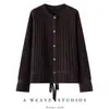 Cardigã Feminino de Tricô Cashmere com Costura 3D Gola Redonda Manga Longa Solto Casual Versátil Cintura com Cordão Jaqueta de Botão