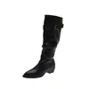 Botas Apiladas con Volantes de Punta Francesa para Mujer 2026 Otoño Invierno Nuevas Botas Largas Tacón Grueso Botas Altas Adelgazantes Botas de Jinete Modernas