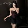 Conjunto de Lencería Uniforme Sensual de Alta Gama Estilo Deseo Puro para Mujer con Corsé, Top Tubo, Chaleco y Falda Voluminosa [YJDF]