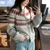 Cardigã de tricô Fair Isle, pesado, grosso, com gola redonda, feito de 100% lã, uma peça de outer wear estilosa e da moda para mulheres