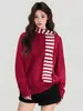 Bufanda Rayada Nueva de Otoño e Invierno Suéter Chaqueta de Punto Grueso con Cuello Redondo Rojo Mangas Largas Camisa Base Top Interior para Mujer