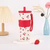 Nueva taza térmica de acero inoxidable de dibujos animados, gran capacidad, taza con pajilla de color degradado, diseño simple con correa para llevar, taza portátil para coche