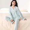 Pijama atacado de manga longa e calça longa para mulheres, novo tecido de algodão stretch de outono, cardigã masculino com gola de lapela, roupa para casa para casais