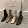 Botines cortos blancos de tacón alto, punta cuadrada, estilo francés ajustado, para mujer, nuevos para primavera y otoño 2025, botines individuales, botines tipo Martin marrones