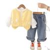 Conjunto de Suéter Cardigan para Niños 2025 Nuevo Estilo con Cinco Flores 3D, Conjunto de Tres Piezas para Primavera y Otoño, Moda al por Mayor