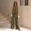 Nova Moda Casual Solta de Algodão e Linho Primavera/Verão 2024 Conjunto Feminino de Duas Peças: Top sem Mangas Solto e Calça Solta