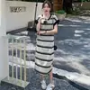 Vestido de verano a rayas de seda helada hasta la rodilla con mangas cortas para mujeres talla grande 150 kg, corte holgado, disimula la barriga, adelgazante, vestido largo tipo camiseta