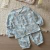 Conjunto de Pijama de Algodão Respirável com Estampa de Rolo Grande e Pequeno - Estilo Primavera e Outono - Para Meninos e Meninas - Roupa de Casa Pai e Filho -24000