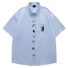 Camisa Bordada de Gato Retro Estilo Americano para Hombre Verano Suelta Holgada Estilo Universitario para Amantes para Hombre y Mujer