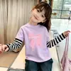 Top Básico Dulce y Lindo Cuello Redondo Nuevo Estilo Primavera y Otoño Falso Dos Piezas Patchwork Rayado Algodón Puro Manga Larga para Niñas
