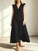 Vestido de verão com babados e mangas tipo asa, de comércio exterior europeu e americano do eBay, casual, solto, com decote V, longo, para férias