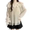 Blusa de Chiffon Manga Longa Off-Shoulder Estilo Francês Doce Plus Size para Mulheres Cheinhas, Design Emagrecedor com Apliques Florais 3D, Top Rejuvenescedor