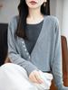 Ropa Interior de Punto Cálida de Manga Larga Francesa Contrastante Falsa Dos Piezas de Punto para Mujer Nuevo Cuello en V Lana Fina Aspecto Adelgazante