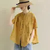 Camisa de Algodón y Lino Artística Retro de Lunares para Mujer, Manga Corta, Verano 2021, Corte Holgado, Tallas Grandes, Top Estilo Mori