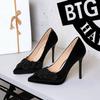 3255-H67 Sapatos de Salto Alto Europeus e Americanos Plataforma Stiletto Boca Rasa Bico Flor de Veludo Ocidental Salto Super Alto