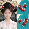 Novo Presilha de Cabelo Chinesa Retrô com Franja Adorno Hanfu Flor de Veludo Vermelho Pérola Dupla Novo Acessório Qipao