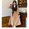 Vestido de Otoño Nuevo Estilo Patchwork Bloque de Color Cuello en V para Mujer, Elegante Ceñido a la Cintura Adelgazante Manga Abullonada Francesa Línea A Media Longitud