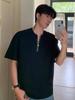 Camiseta Preta Meio Zíper Waffle Ombro Direito Masculina Verão Gola Henley Pesada Manga Curta Americana Cleanfit Meia Manga