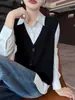Chaleco de punto de lana pura con cuello en V estilo francés para mujer, look en capas, cárdigan sin mangas adelgazante, chaleco abrigo estilo "old money"