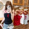 Camisole KT de bolinhas com gola halter, top curto doce e sexy sem costas, peça de sobrepor com alças